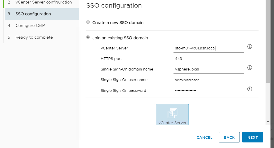 existing vcenter join another sso domain